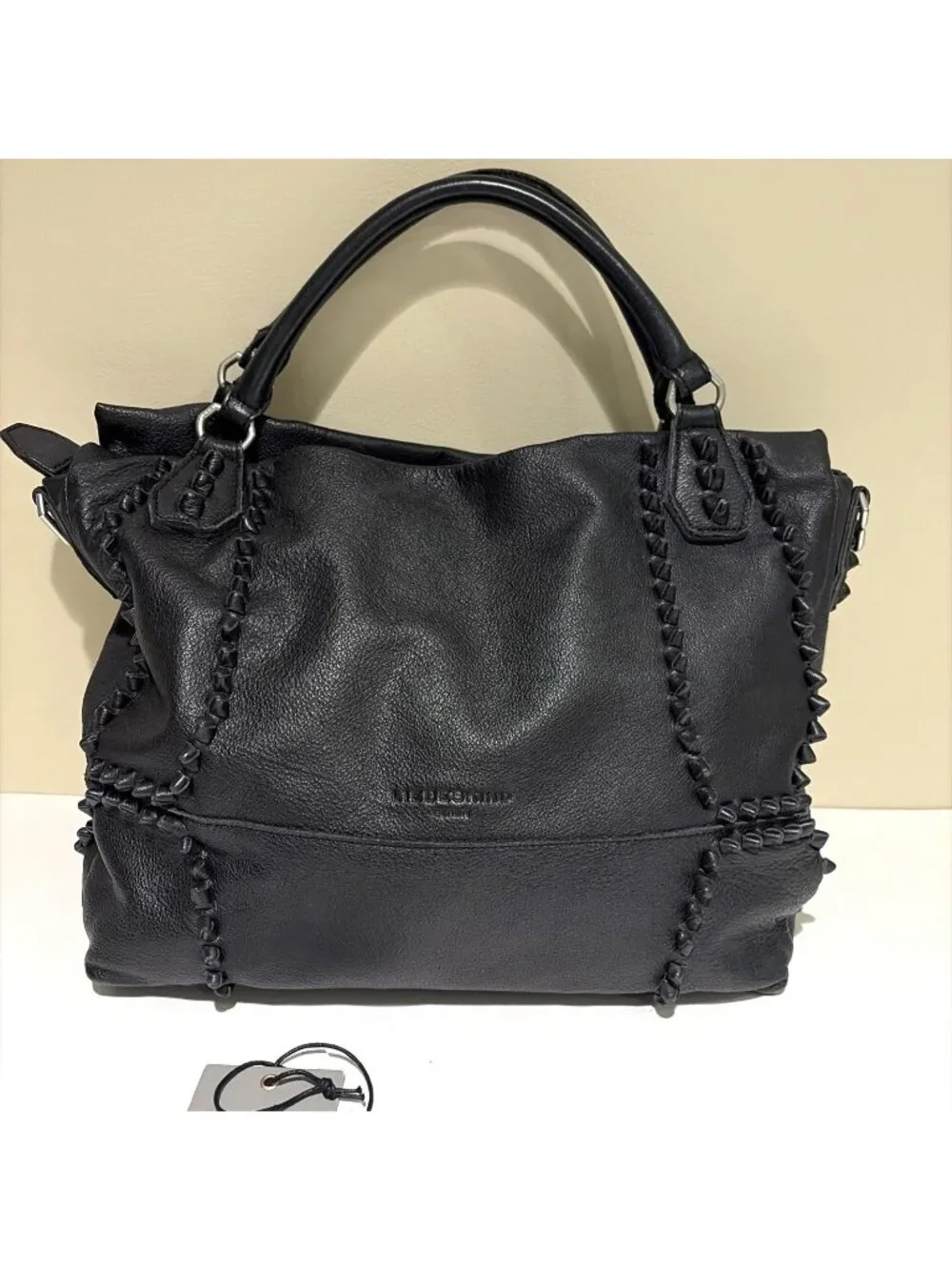 Liebeskind Berlin Black Pebbled Leather Tote Knotted Studs Double Handle Luxury